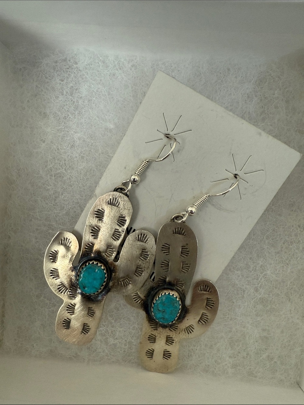 Turquoise Cactus Drop Earrings - Silver Tone